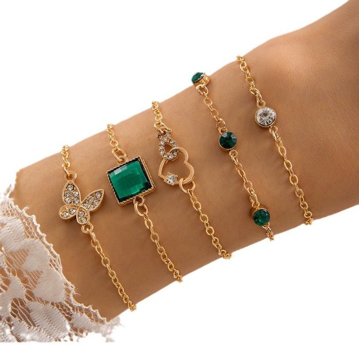 Korean-French Emerald Heart Rhinestone Bracelet Set - Versatile Elegant Jewelry for Women