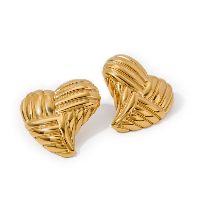 Cross-Border New 18K Gold Stainless Steel Textured Heart Earrings - Fashionable Titanium Steel Studs