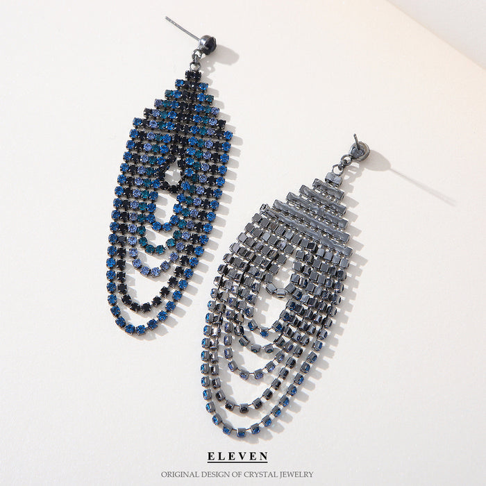 Deep Blue Chain Tassel Earrings - Exaggerated Long Dangles for a Bold Look