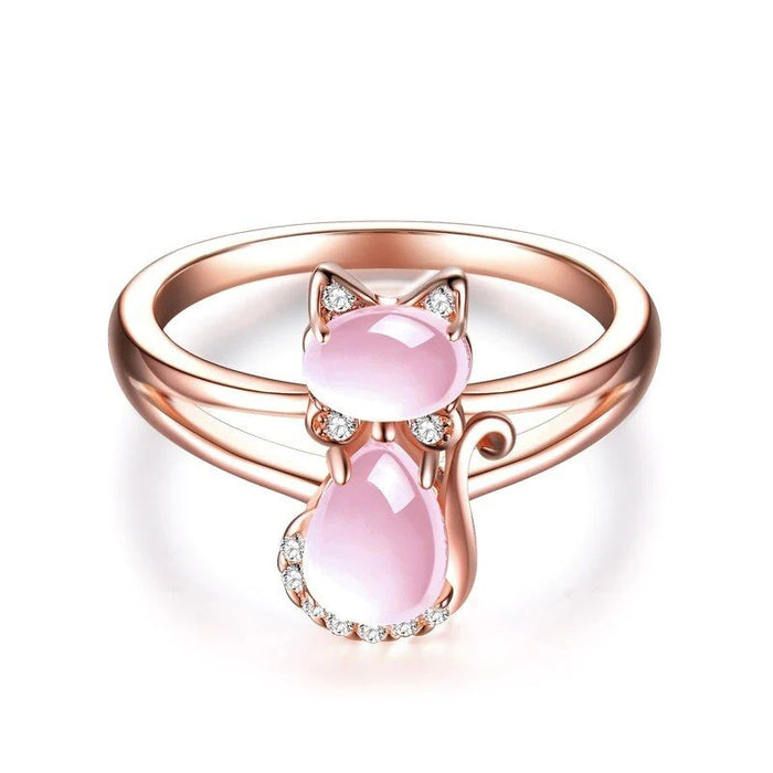 Anillo de cristal rosa con diseño de rosa de gato lindo japonés y coreano