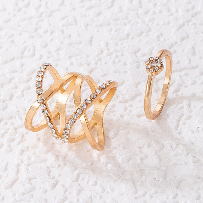 Light luxury diamond cross ring two-piece set geometric flower hollow combination