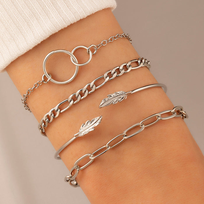 Simple Circle Bracelet Set - Six-Piece Arrow and Leaf Jewelry