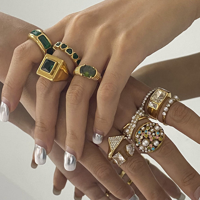 Stainless steel zircon pearl ring