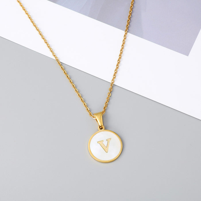 Round shell letter necklace, 18K stainless steel clavicle chain wholesale