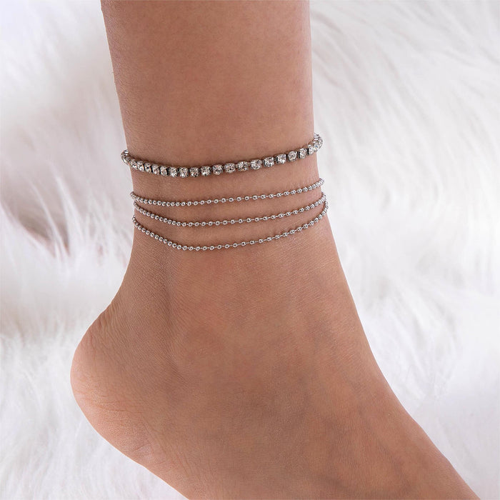 Boho Chic Rhinestone Heart Anklet Set – Multi-Layered with Dainty Chains