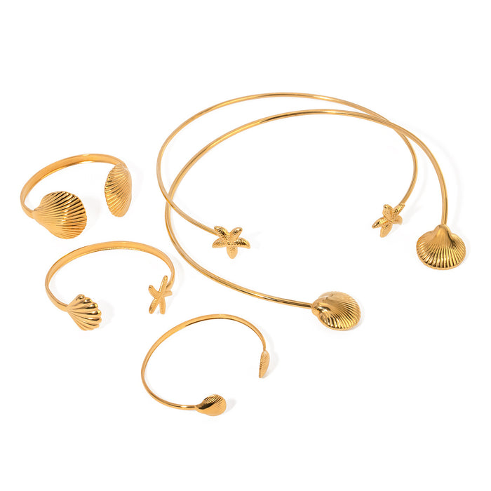 Pulsera abierta con estrellas de mar y conchas: gargantilla de metal de acero inoxidable de alta gama para mujer