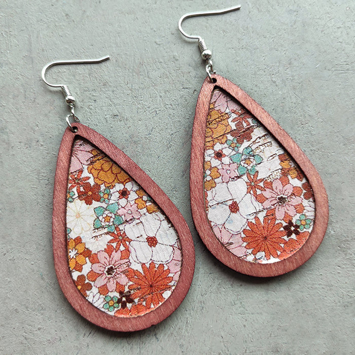 Flower water drop wooden earrings