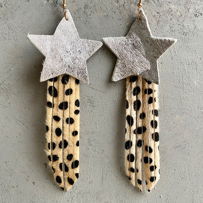 Creative Western Leather Leopard Print Earrings with Star Tassel Design