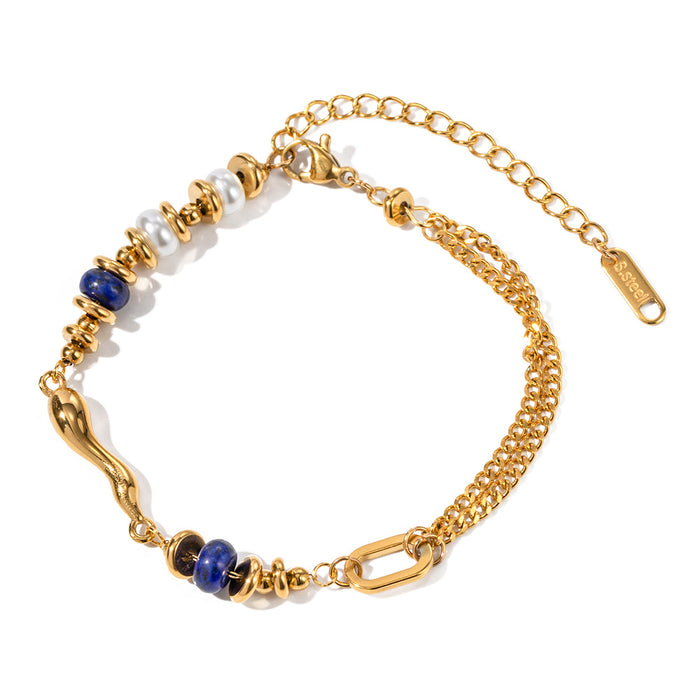 18K Gold Plated Stainless Steel Pearl and Lapis Lazuli Teardrop Bracelet - Trendy Fashion Jewelry