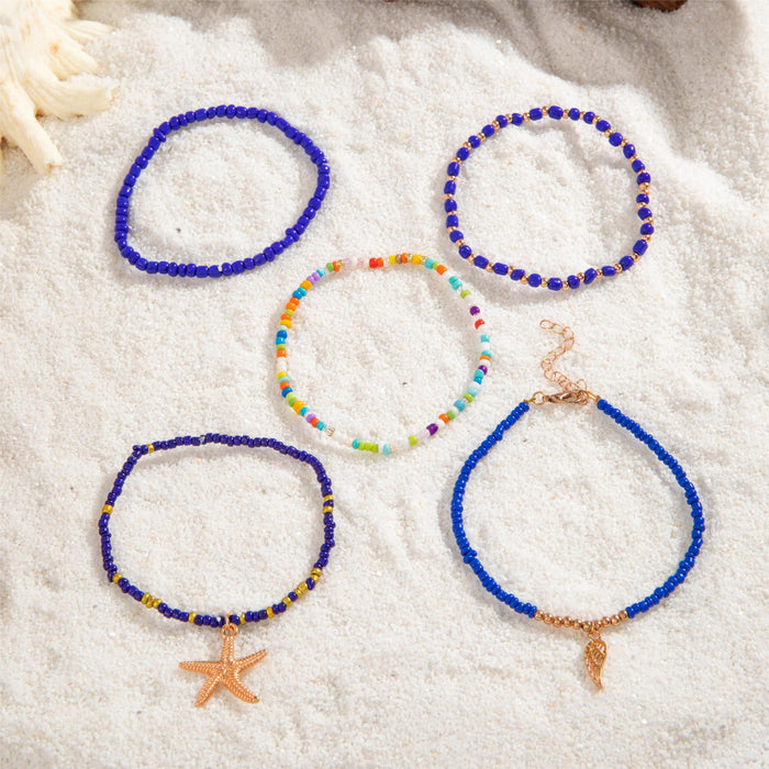 Blue Starfish and Multi-Layer Beaded Anklets - Bohemian Beach Vibes Ankle Bracelet Set