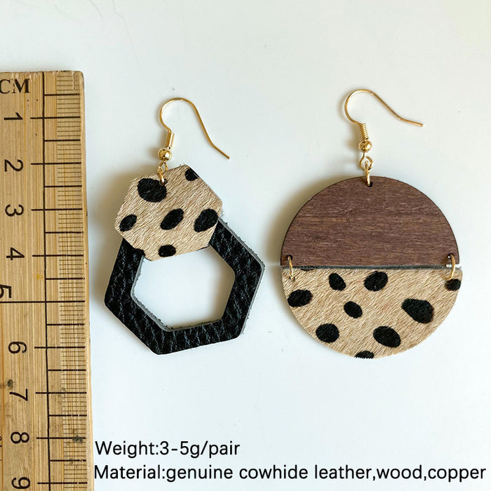 Leopard Print Cowhide Earrings with Round Geometric Wood and Leather