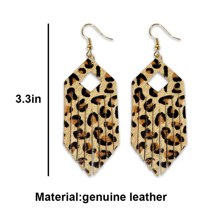 Bohemian Tassel Earrings with Leopard Print and Gold Dots on Cowhide Leather