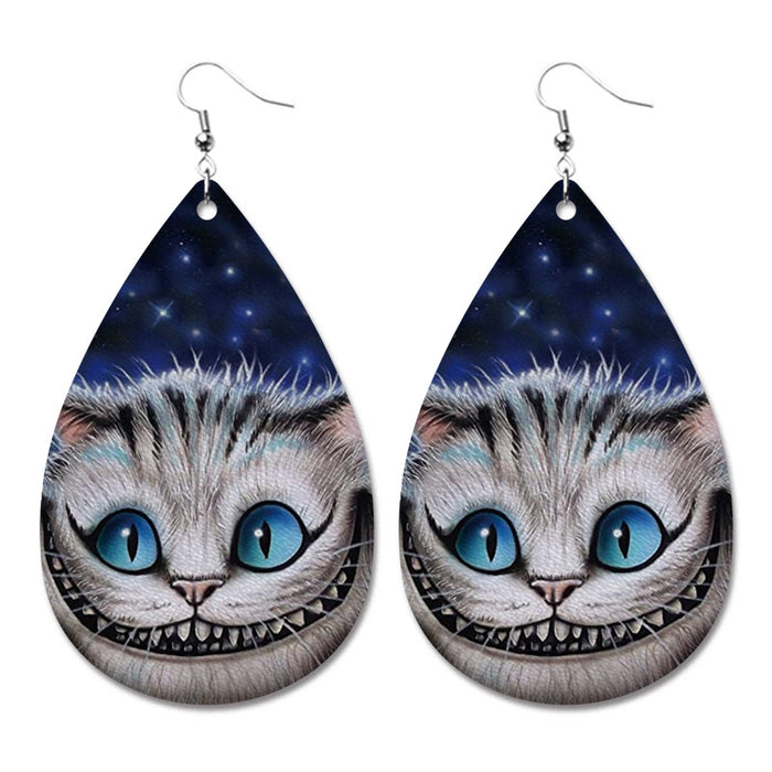 Halloween PU Leather Earrings with Blue Moon and Black Cat Design