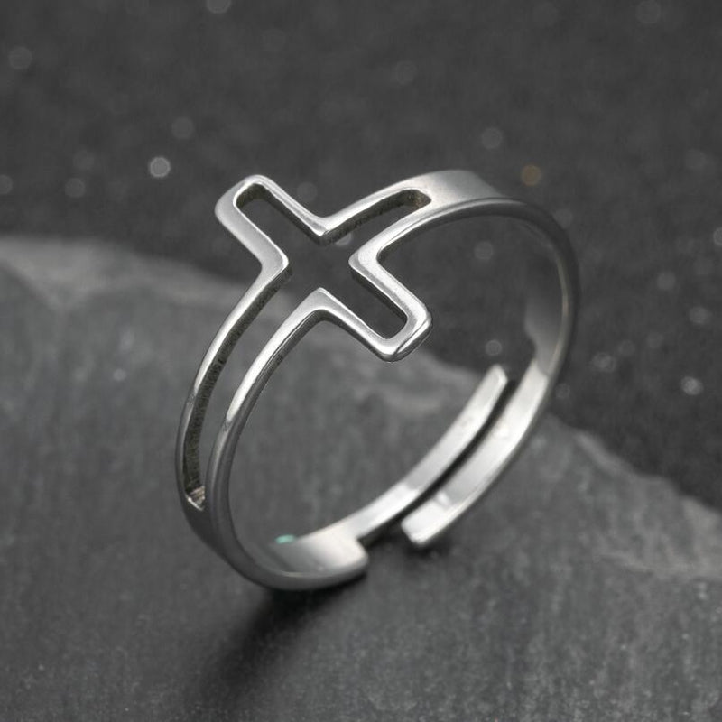 Anillo de cruz hueca simple de moda, anillo abierto ajustable de acero inoxidable al por mayor