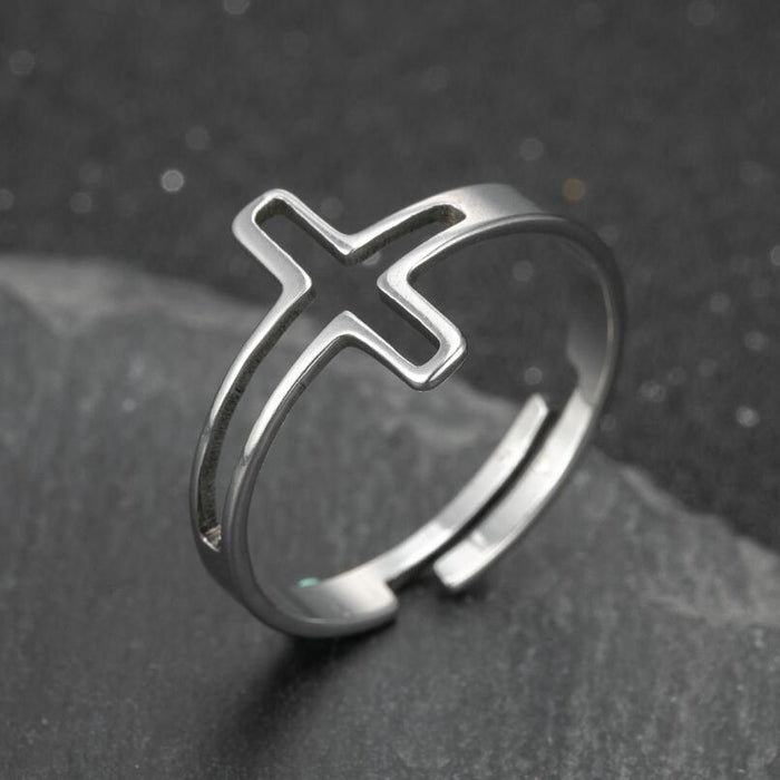 Fashionable simple hollow cross ring, stainless steel adjustable open ring wholesale