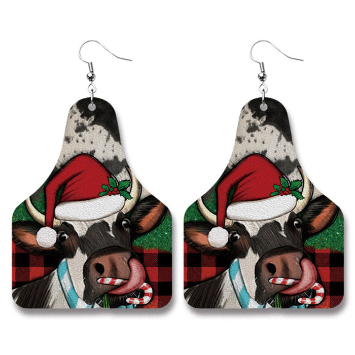 Christmas Cow Animal Western PU Leather Earrings with Vintage Style