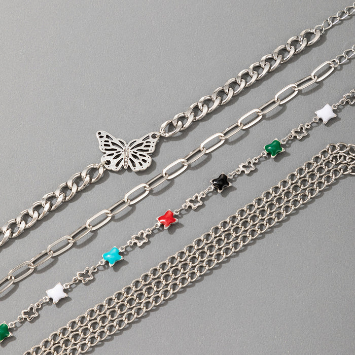 Butterfly Multi-Layer Bracelet Set with Geometric Chain Design