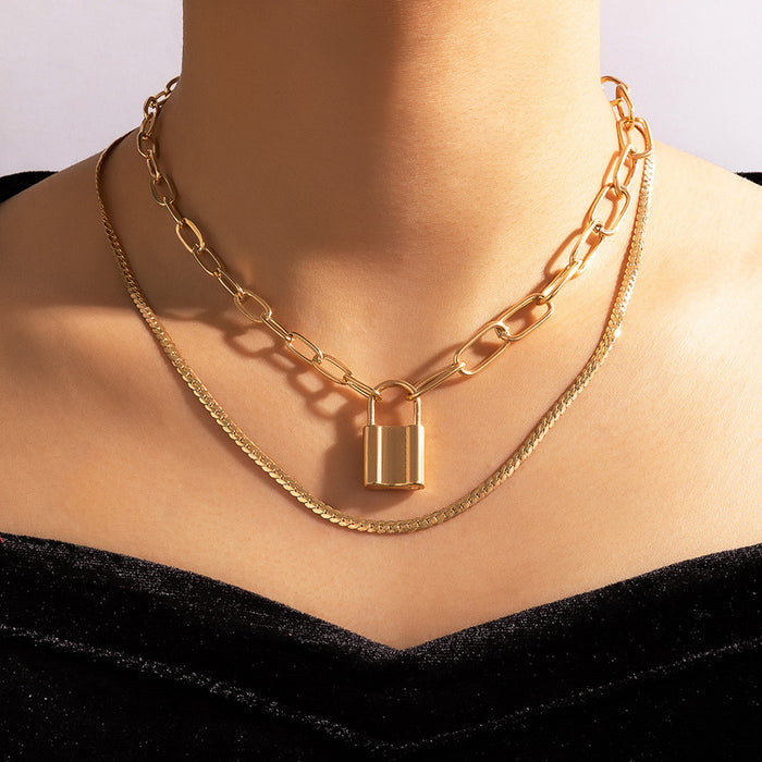 Fashionable Lock Pendant Necklace – Multi-Layer Alloy Chain