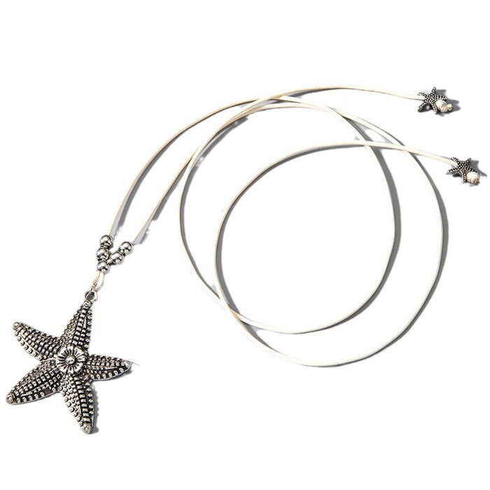 Collar con colgante de estrella de mar bohemio con cuerda de cuero: joyería de estilo playero para hombres y mujeres