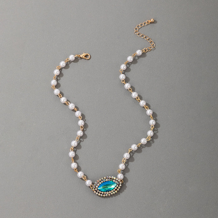 Blue Eye Diamond Single Layer Necklace with Pearl Bead Clavicle Chain