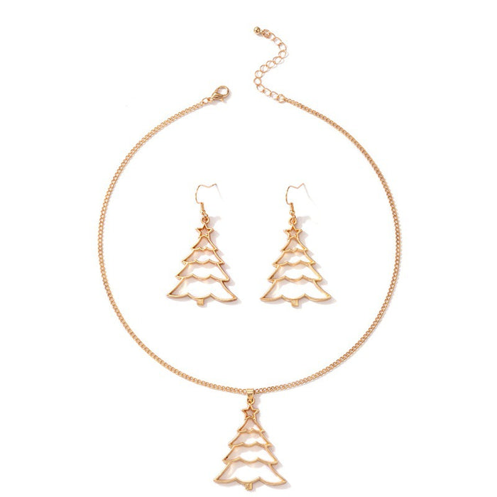 Christmas Tree Hollow Gold Jewelry Set with Reindeer Earrings and Necklace