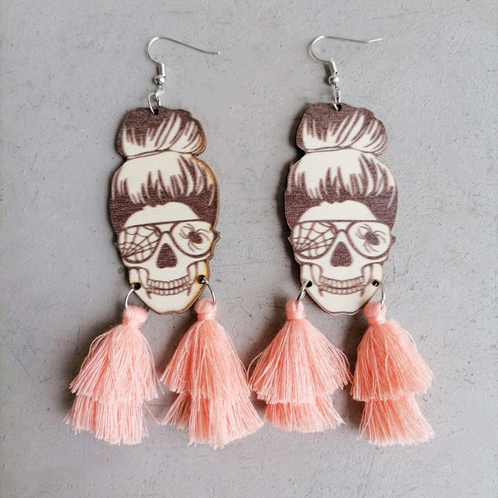 Halloween Tassel Earrings with Wooden Skull and Spider Design