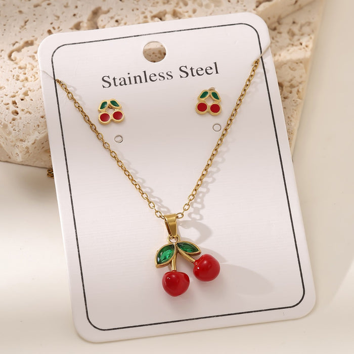 Conjunto de aretes de cadena de clavícula con colgante de cereza de oro de 18 quilates de acero inoxidable al por mayor