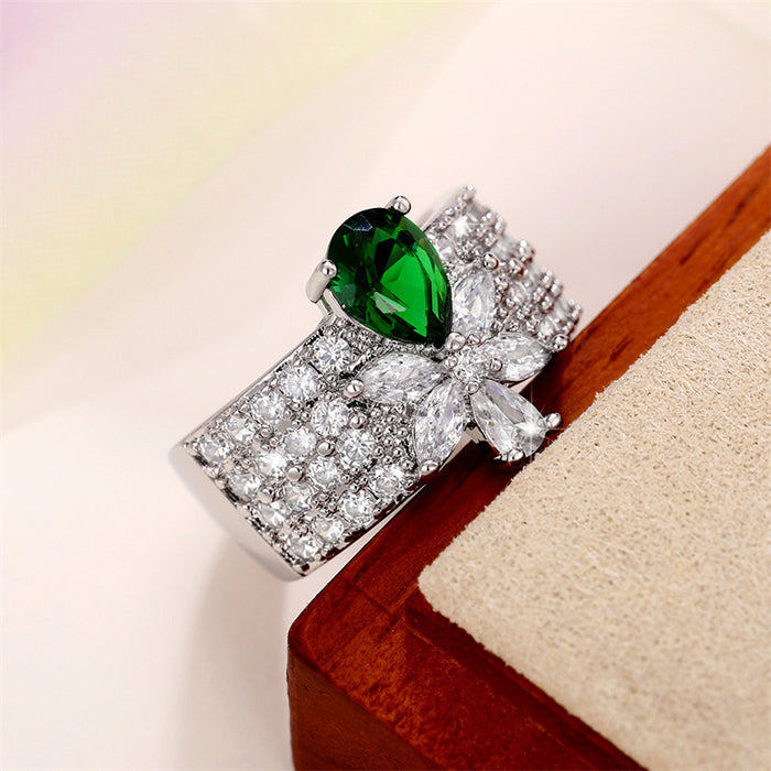 Luxury teardrop zircon ring inlaid with pear-shaped flowers ring fashion live broadcast hot item