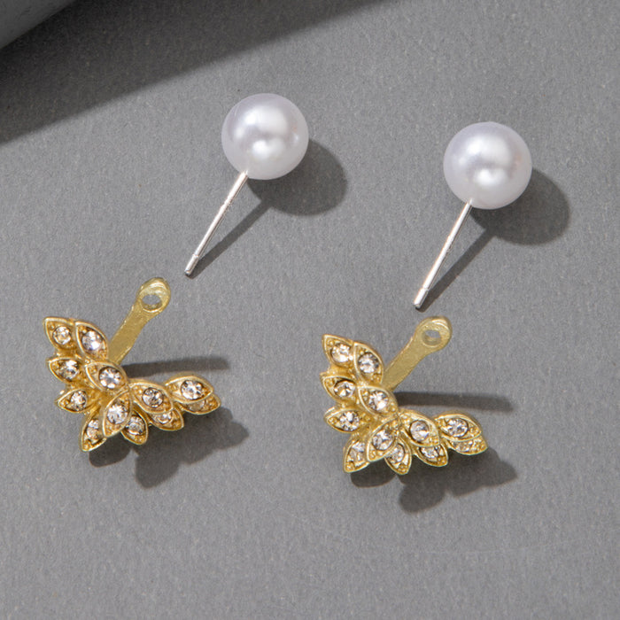 Bow imitation pearl diamond earrings niche front and back earrings