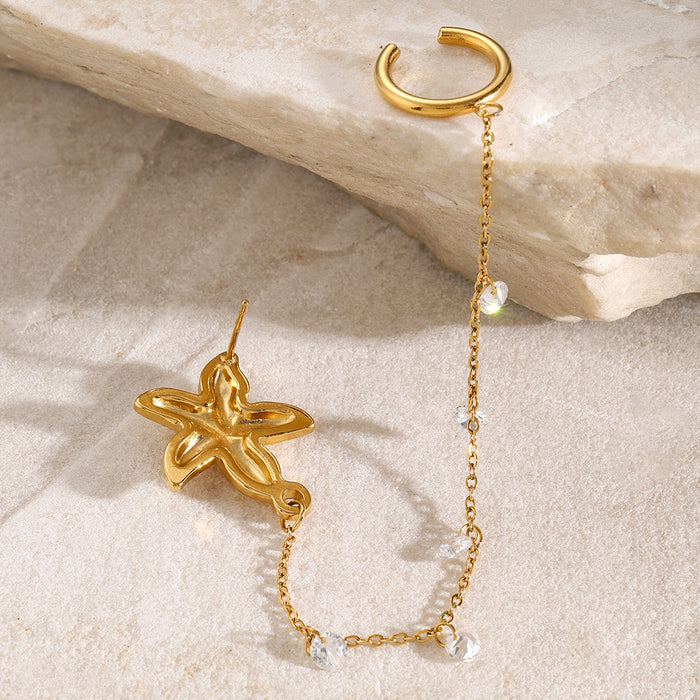 Pendientes con clip de acero inoxidable bañados en oro de 18 quilates con diamantes de imitación y estrellas de mar: joyería de acero de titanio de la serie Summer Ocean