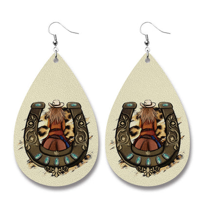 Christmas Cow Animal Western PU Leather Earrings with Vintage Style