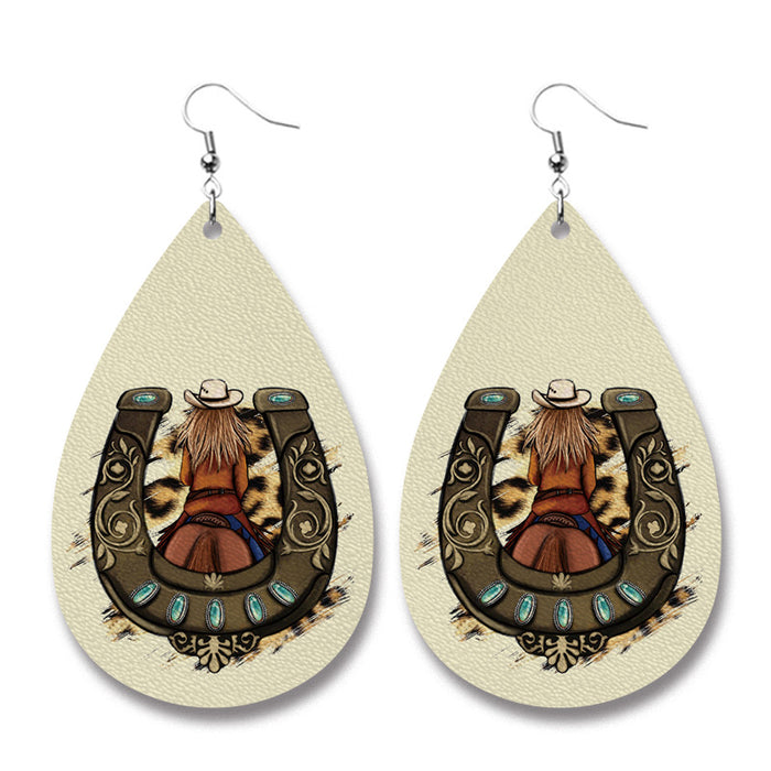 Christmas Cow Animal Western PU Leather Earrings with Vintage Style