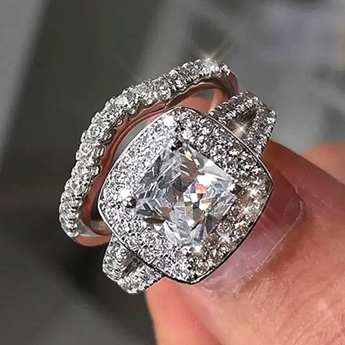 Exquisito anillo de dos piezas con diamantes cuadrados y circón, regalo de aniversario de boda