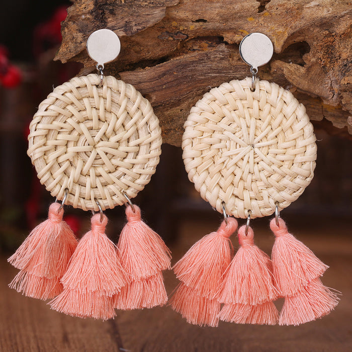 Bohemian Woven Round Multi-Layer Tassel Earrings with Rustic Wedding Design