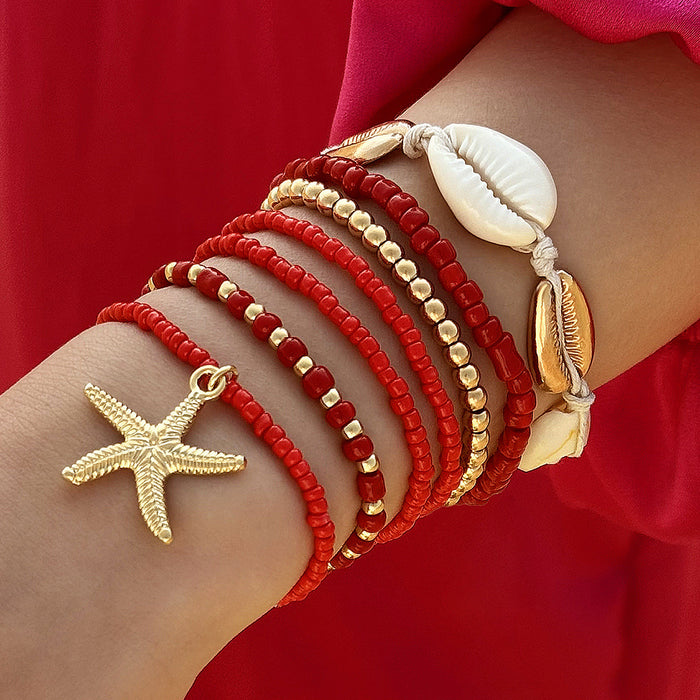 Bohemian Shell and Starfish Bracelet Set – Beach-Inspired Seven-Piece Jewelry