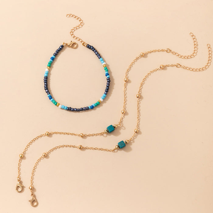 Colorful Bead Triple Layer Anklet with Geometric Gold Bead Multi-Layer Chain