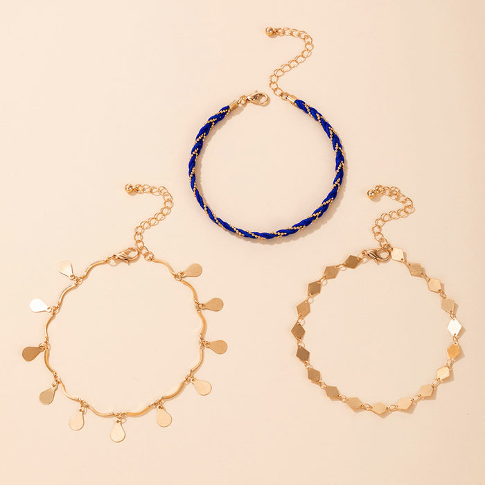 Ethnic Blue Braided Triple Layer Anklet with Diamond Water Drop Pendant