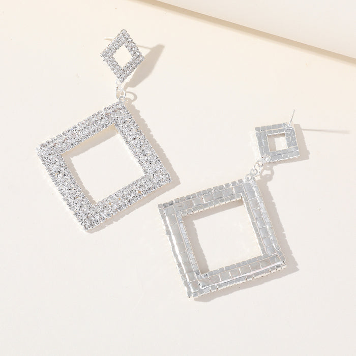 Fashionable Square Rhinestone Earrings - Geometric Studs with Tassel Dangles