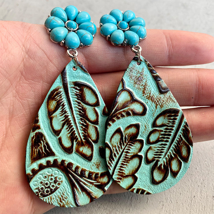 Embossed Leather Earrings with Bohemian Floral Turquoise and Pumpkin Flower Design