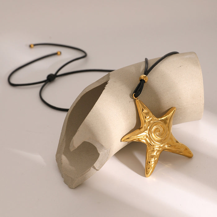 18K Gold-Plated Stainless Steel Star Pendant Necklace - Large Retro Spiral Starfish with Wax Cord