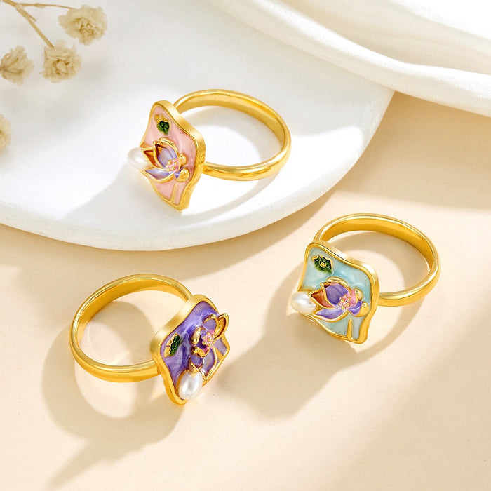 Wholesale copper micro-inlaid enamel painted drip flower open ring