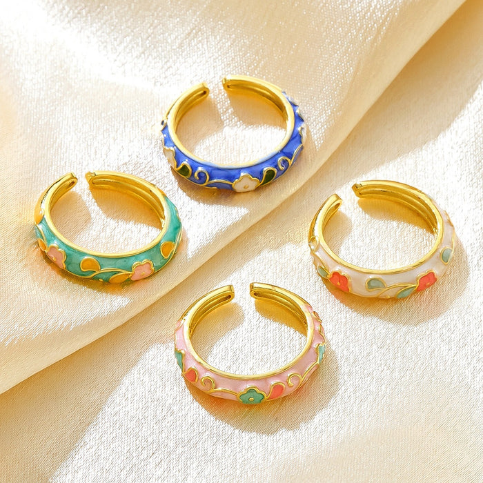 Wholesale enamel colored flower drip glaze open rings