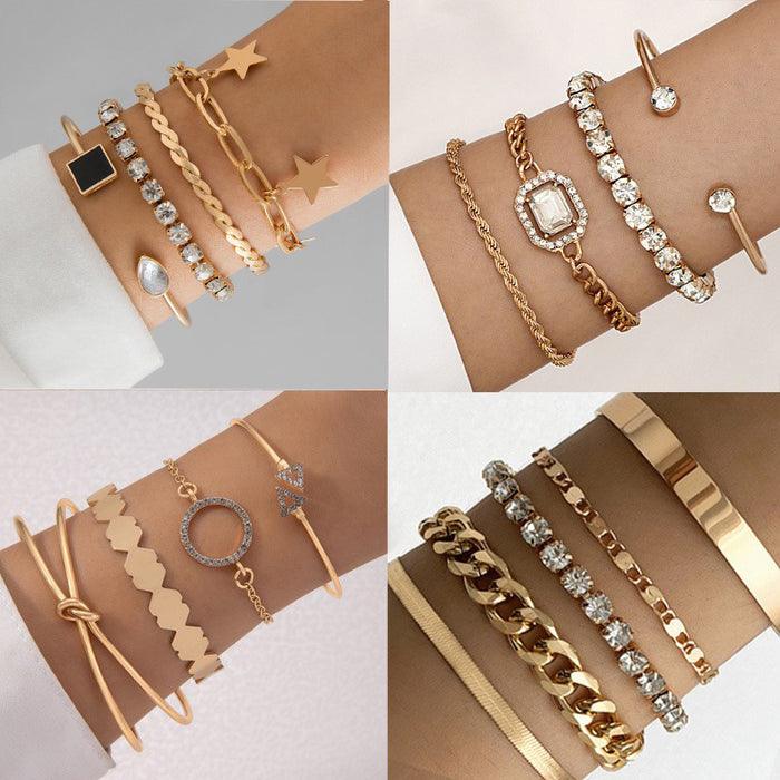 Punk-Style Diamond-Studded Bracelet Set - Luxury Metal Geometric Jewelry