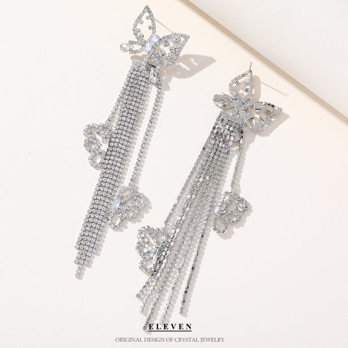 S925 Silver Needle Butterfly Tassel Earrings - Long Rhinestone Dangles for a Stylish Look