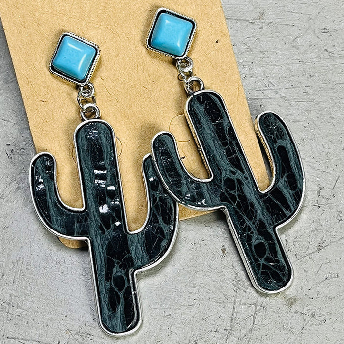 Vintage Cactus Leather Earrings with Turquoise Design