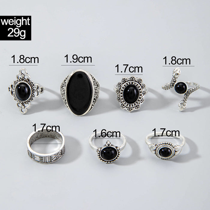 Vintage Black Gemstone Ring Set - 7pcs Dark Gothic Snake Oval Rings