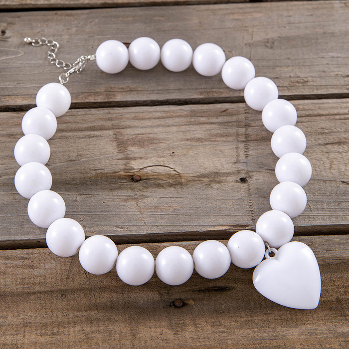 Punk-Style Large Round Bead Choker Necklace with Heart Pendant