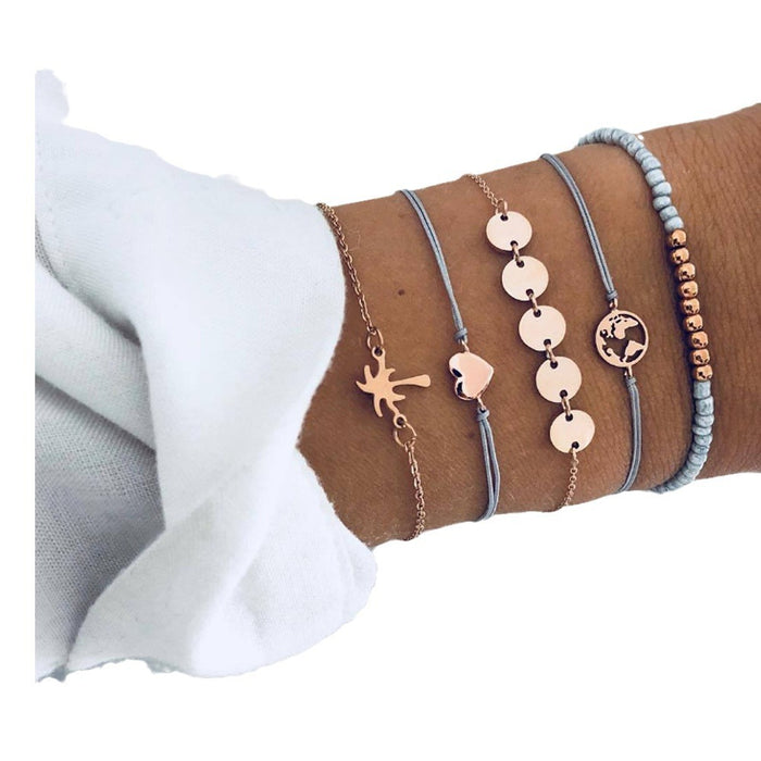 Bohemian Floral Bead Bracelet Set - Five-Piece Multilayer Jewelry for Women