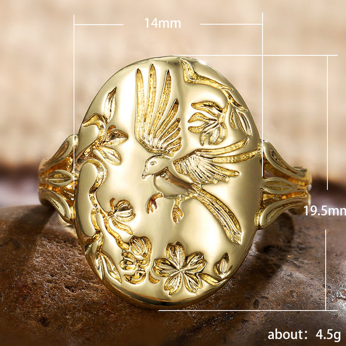 Creative Birdsong and Flowers Copper Ring embossed carving couple ring