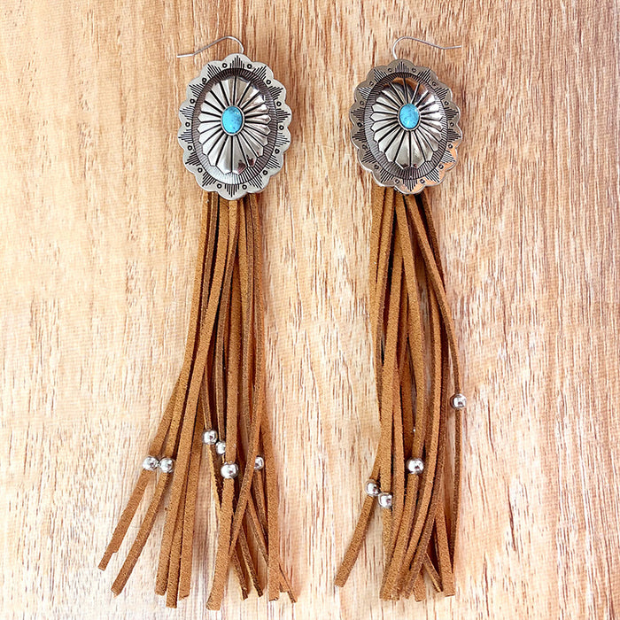 Western Pumpkin Flower Long Tassel Earrings with Vintage Turquoise Leather